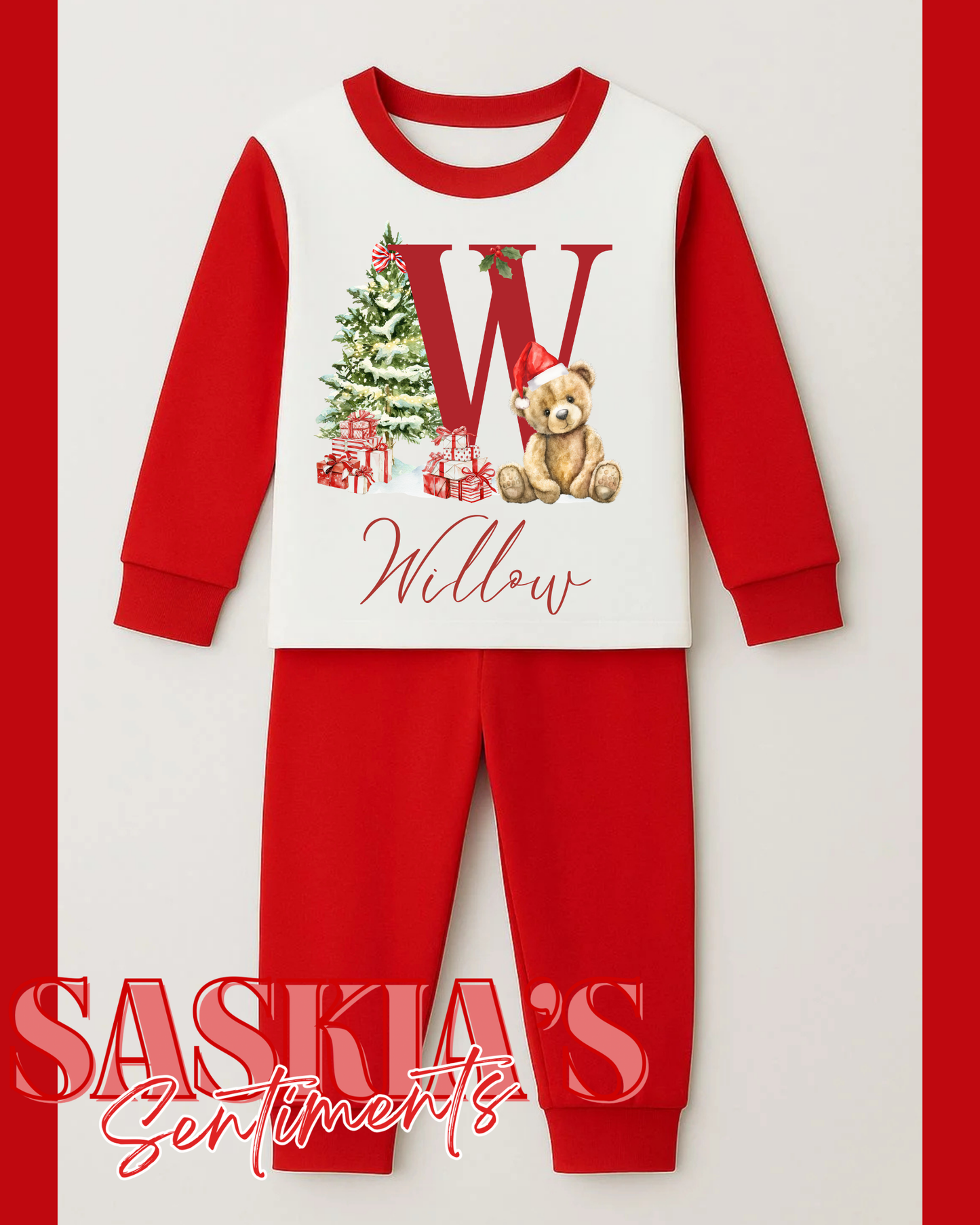 Personalised Christmas Pyjamas – Custom Name Festive bear