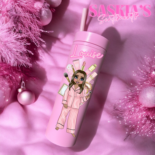 2nd Option/ Personalised Custom Makeup Girlie Pink Skinny Tumbler 💕