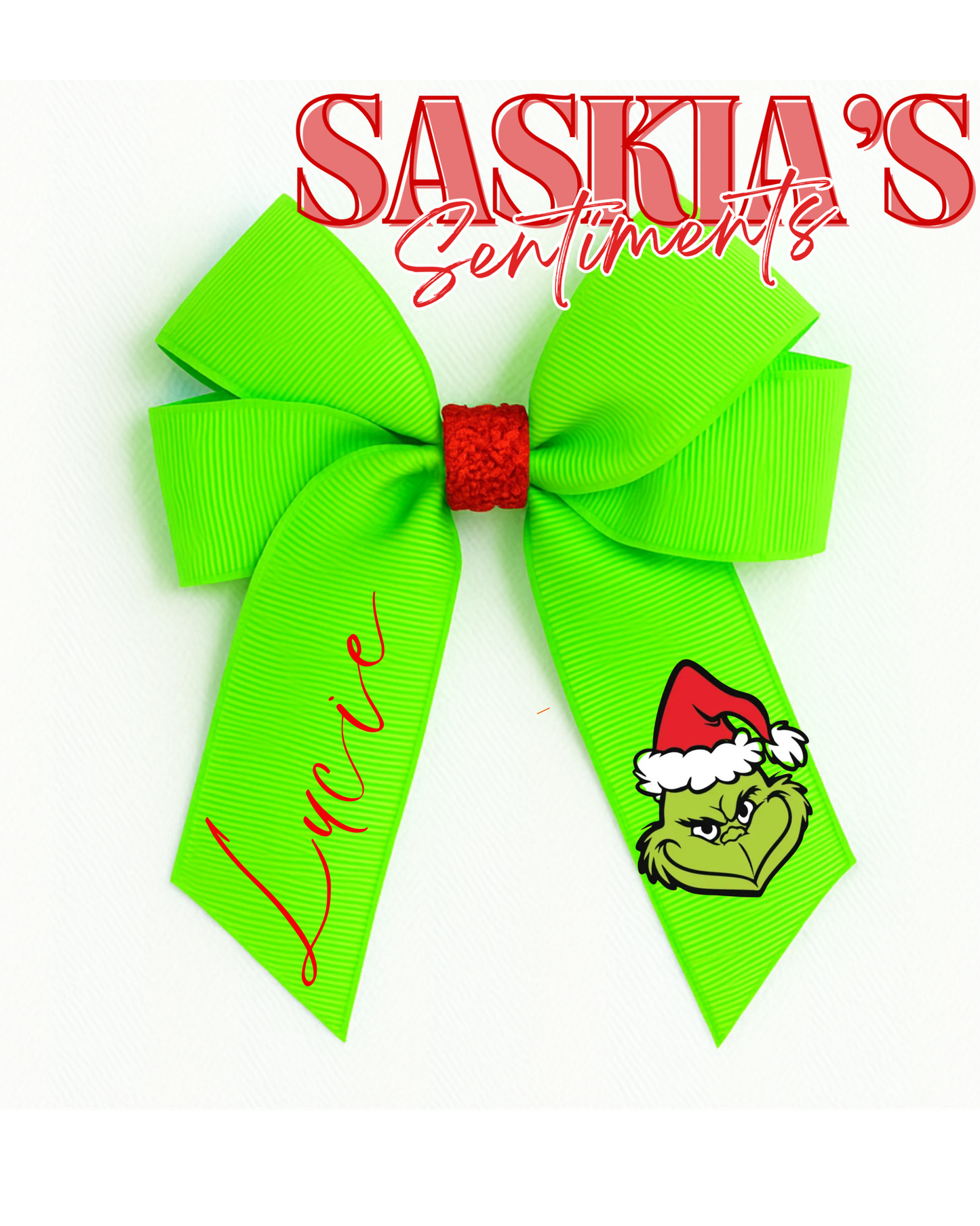 Personalised Red & Green Grinch Hair Bow  ❤️