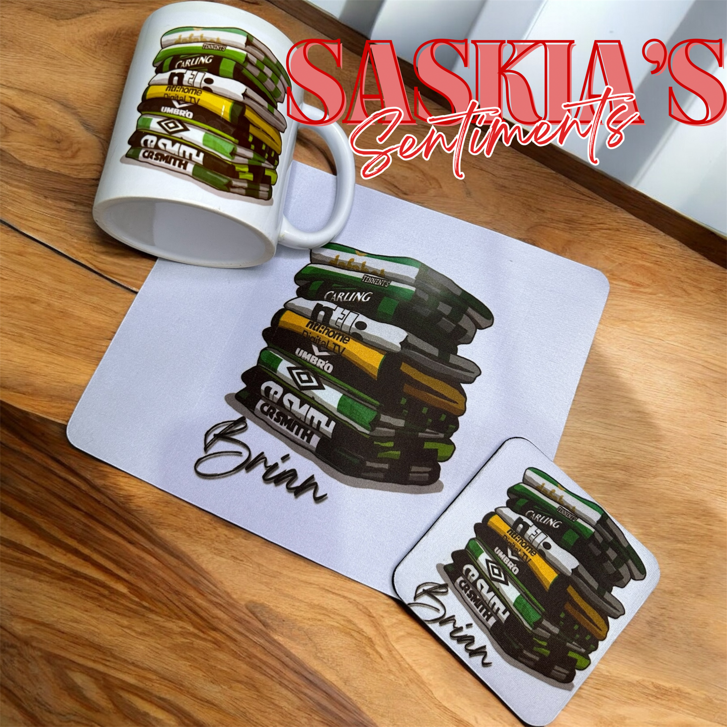 NEW Personalised Football Mug, Mouse pad & Coaster Gift bundle 💚💙