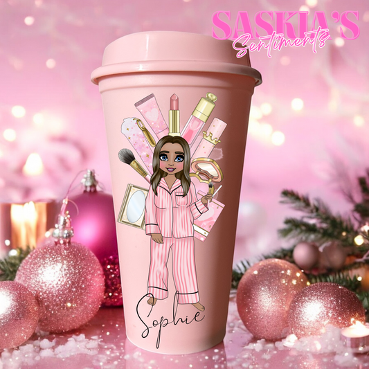 2nd Option/Personalised Custom Makeup Girlie Pink Hot travel Cup  💕