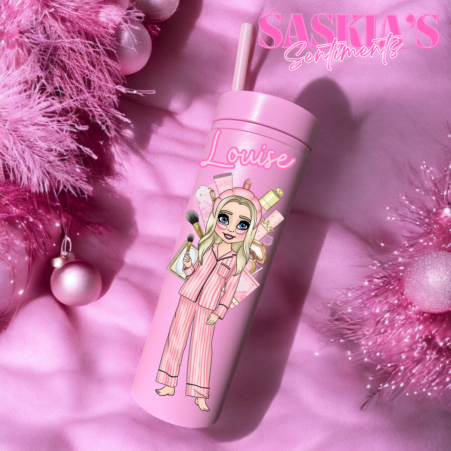 1st Option/ Personalised Custom Makeup Girlie pink Skinny Tumbler 💗