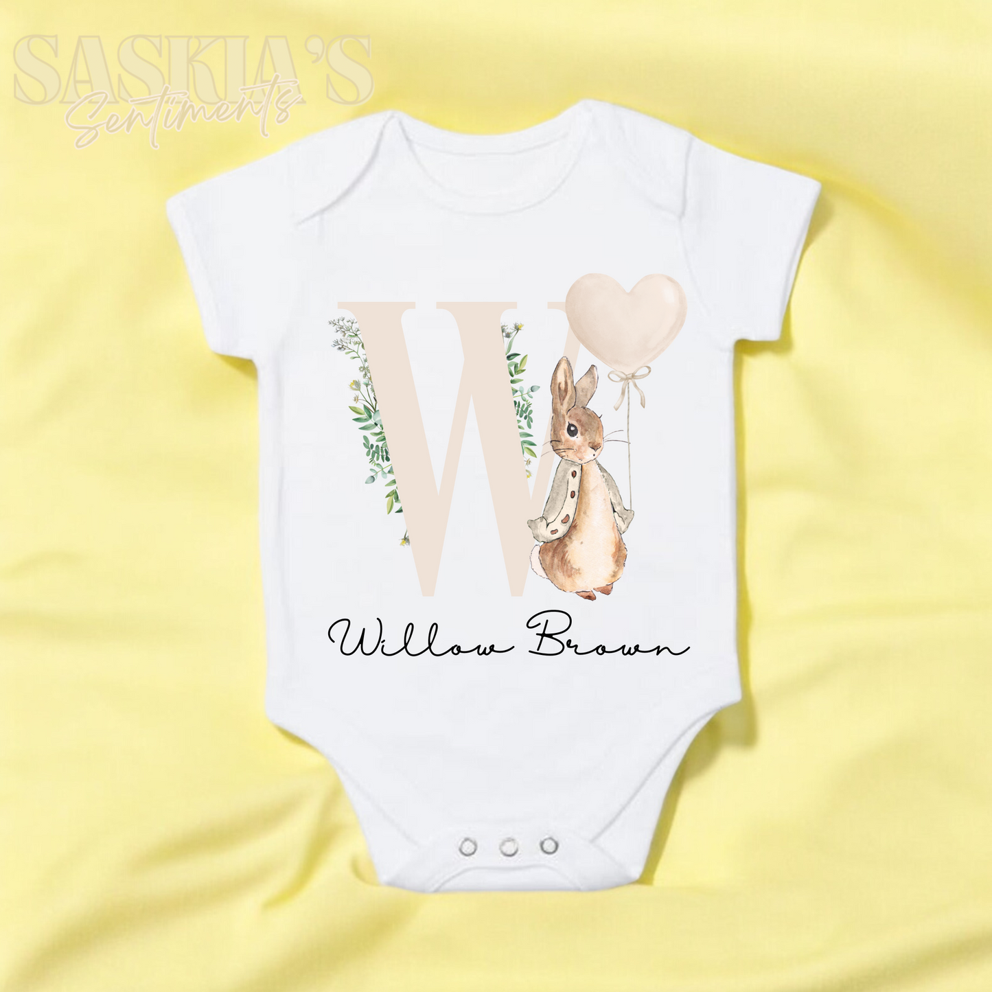 NEW Personalised Beige Letter Bunny design BabyGrow 💛