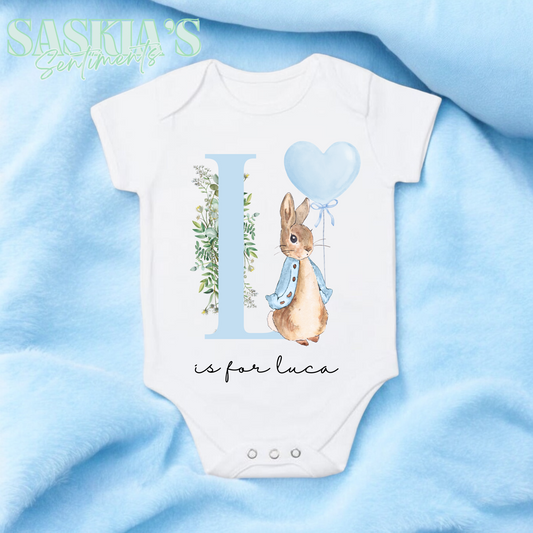 NEW Personalised Blue Letter bunny design Babygrow🩵