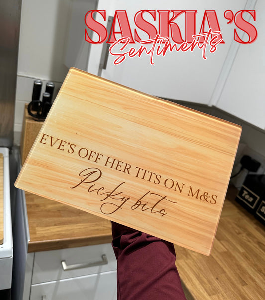 Personalised “ Off Her Tits on M&S” Glass Picky Bits Board