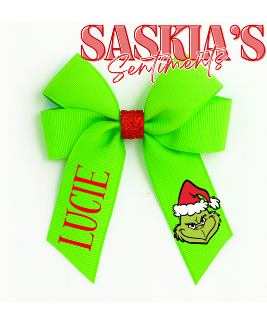 Personalised Red & Green Grinch Hair Bow  ❤️